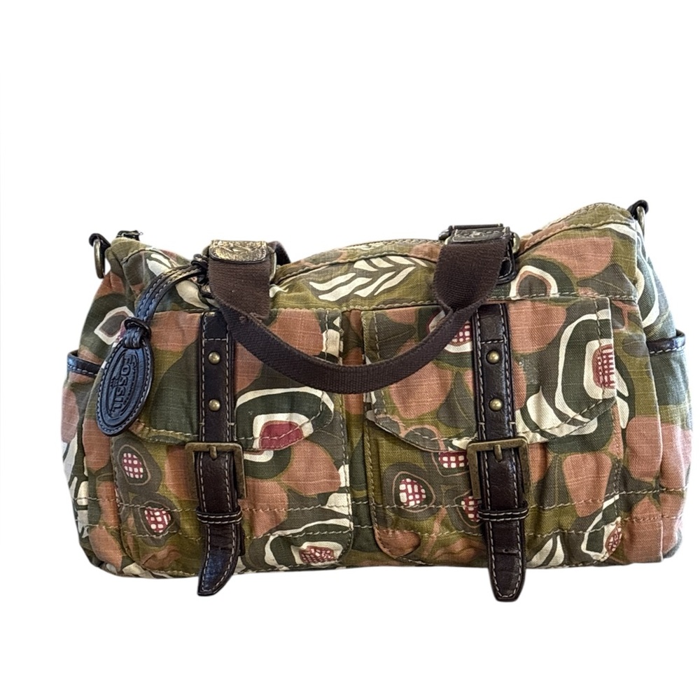 Fossil Camouflage Handbag with Dark Brown Details